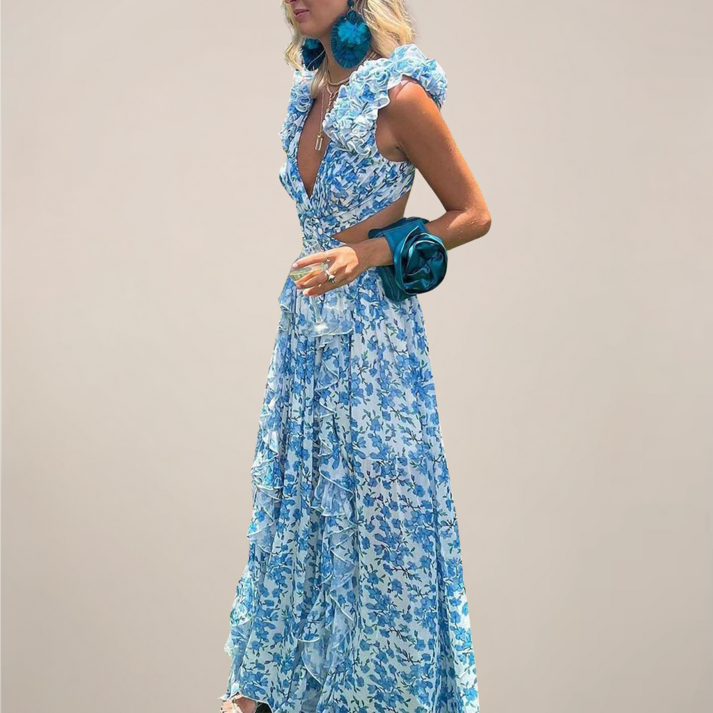 Women's maxi dress with plunging V-neck, ruffled sleeves, cut-out waist and high slit