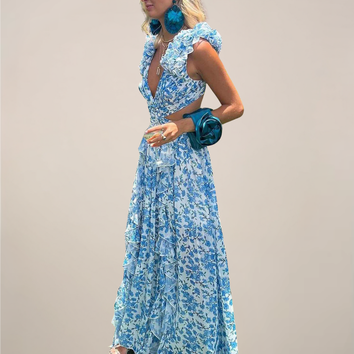 Women's maxi dress with plunging V-neck, ruffled sleeves, cut-out waist and high slit