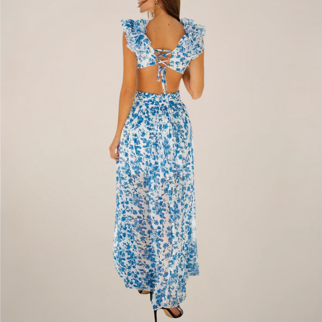Women's maxi dress with plunging V-neck, ruffled sleeves, cut-out waist and high slit