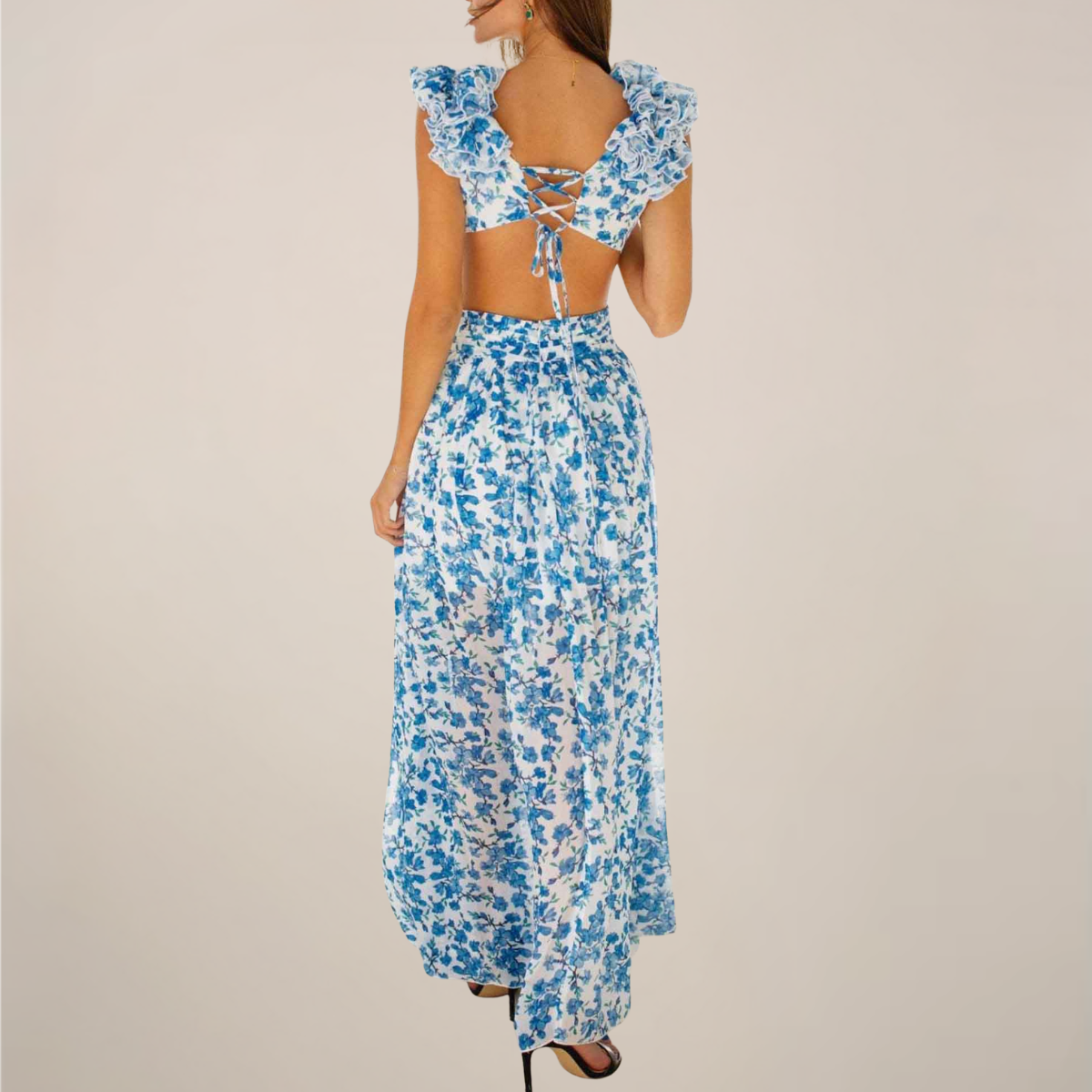 Women's maxi dress with plunging V-neck, ruffled sleeves, cut-out waist and high slit