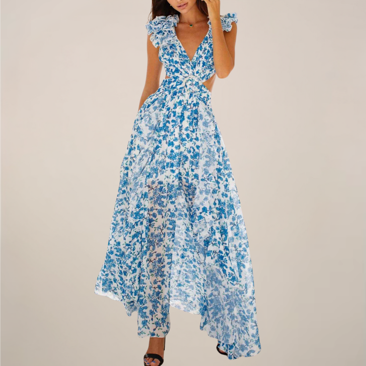 Women's maxi dress with plunging V-neck, ruffled sleeves, cut-out waist and high slit