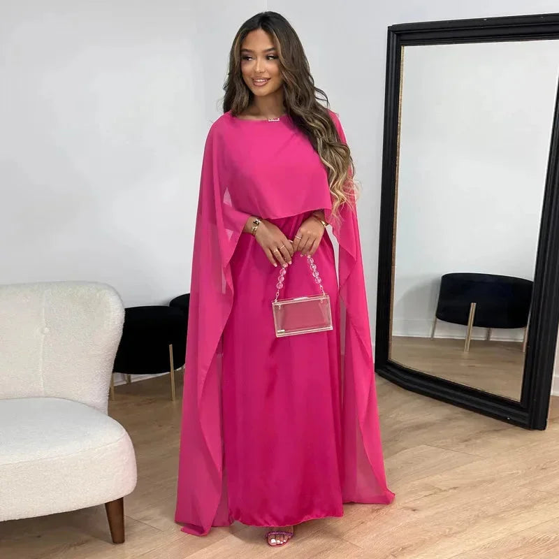 Women's maxi dress with round neck and cape overlay sleeves