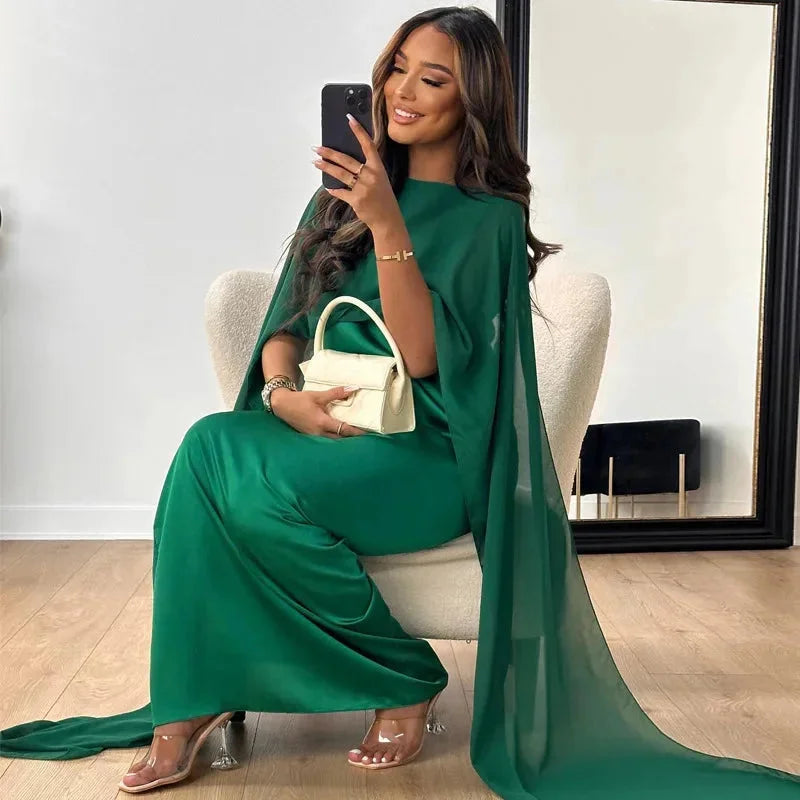 Women's maxi dress with round neck and cape overlay sleeves