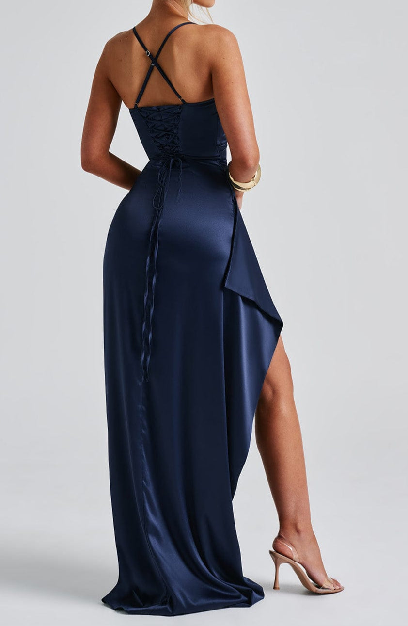 Women's maxi dress with spaghetti straps, high slit and ruched waist
