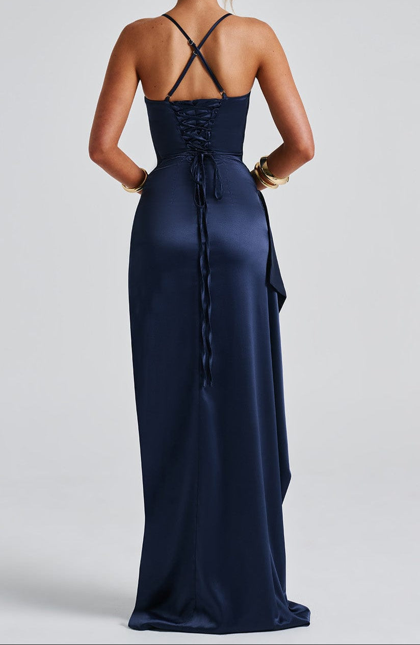 Women's maxi dress with spaghetti straps, high slit and ruched waist