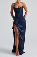 Women's maxi dress with spaghetti straps, high slit and ruched waist