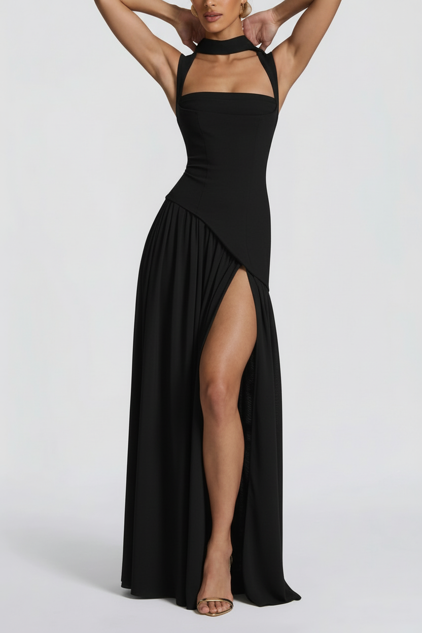 Women's maxi dress with square neckline and high slit