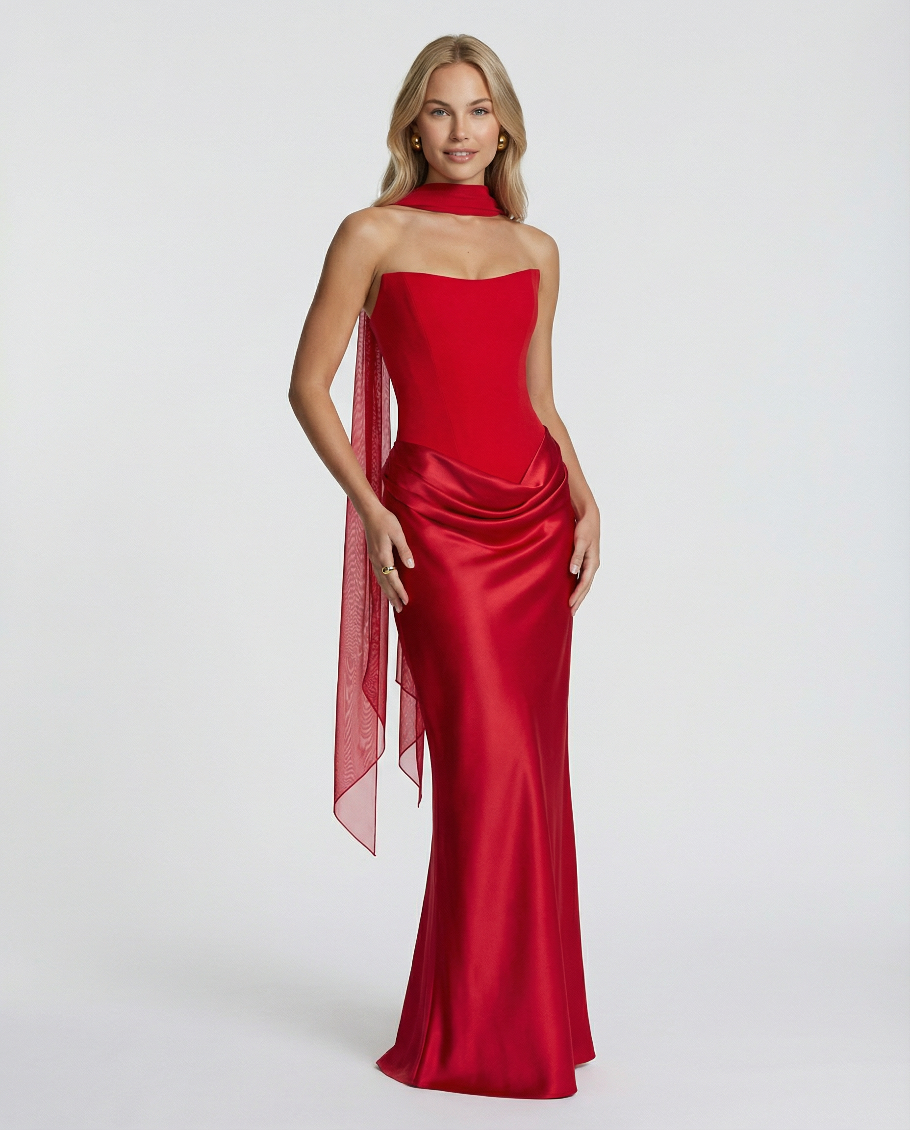 Women’s Strapless Maxi Dress with Matching Scarf and Draped Detail