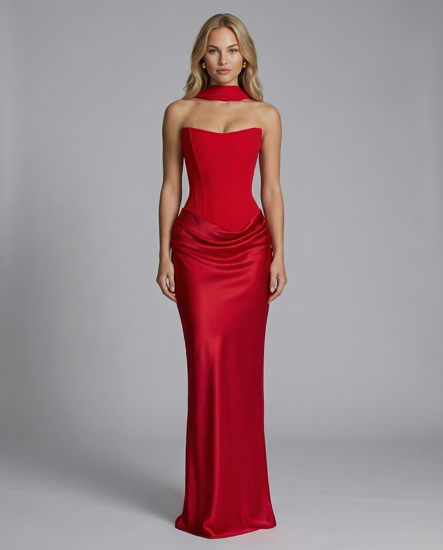 Women’s Strapless Maxi Dress with Matching Scarf and Draped Detail
