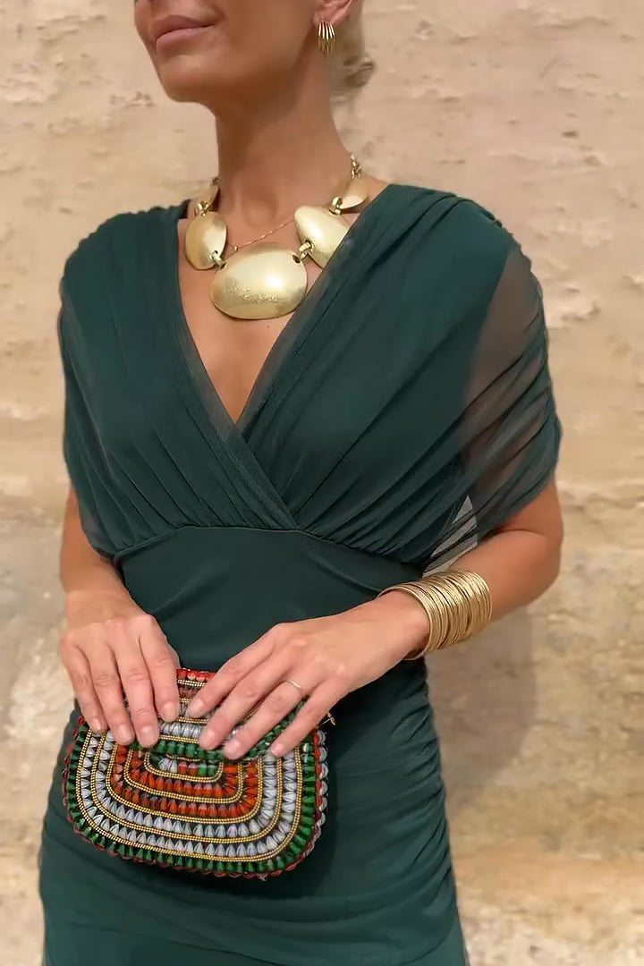 Women's maxi dress with V-neckline and floor-length skirt