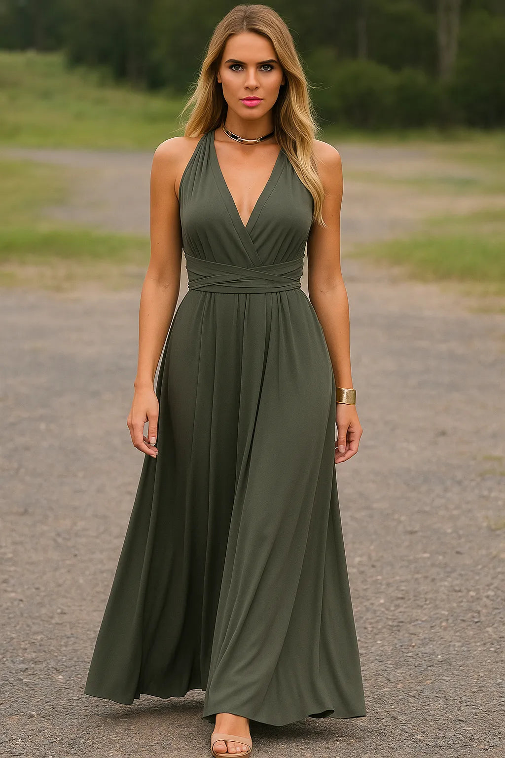 Women's midi cocktail dress with fitted bodice