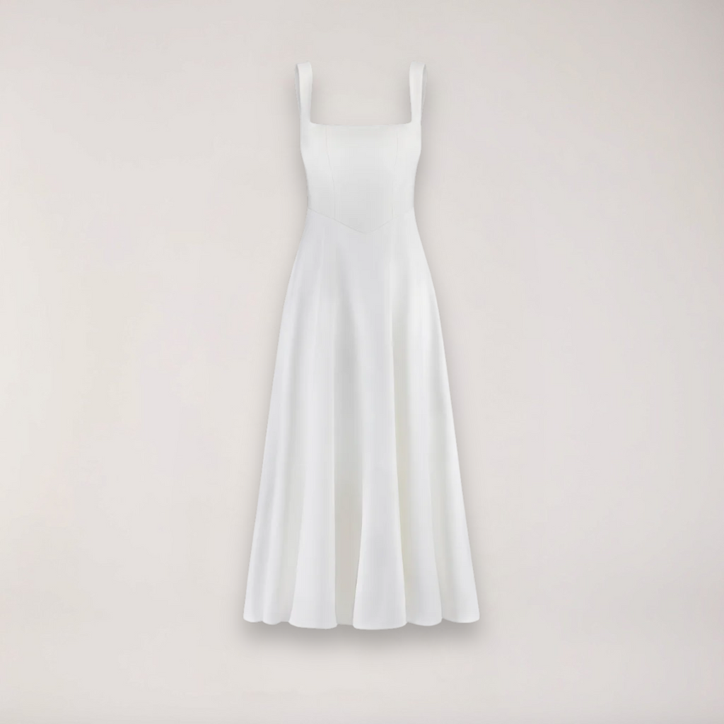 Women's midi dress with cinched waist and flowing skirt