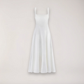 Women's midi dress with cinched waist and flowing skirt