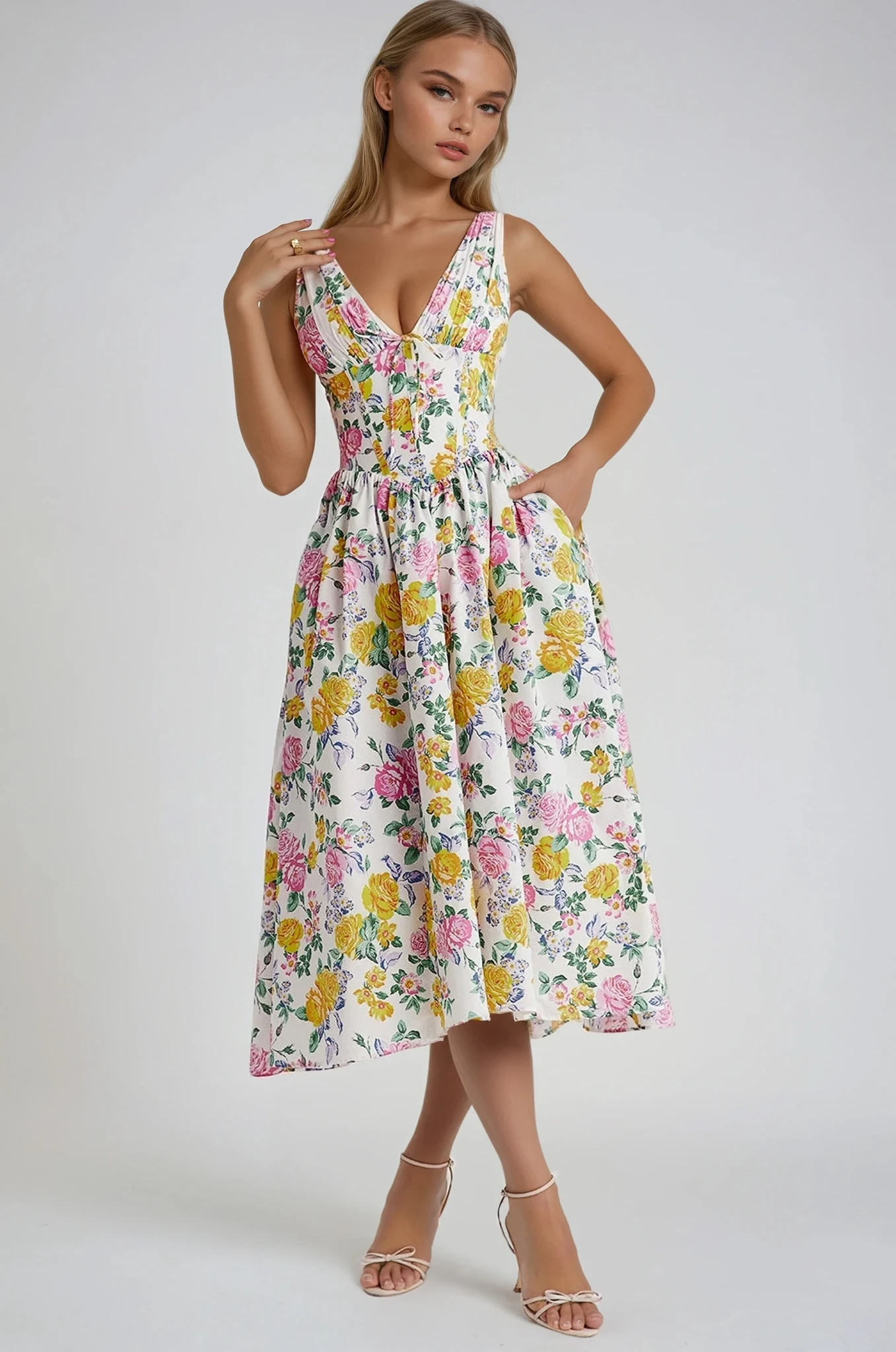 Women's midi dress with short sleeves and round neckline