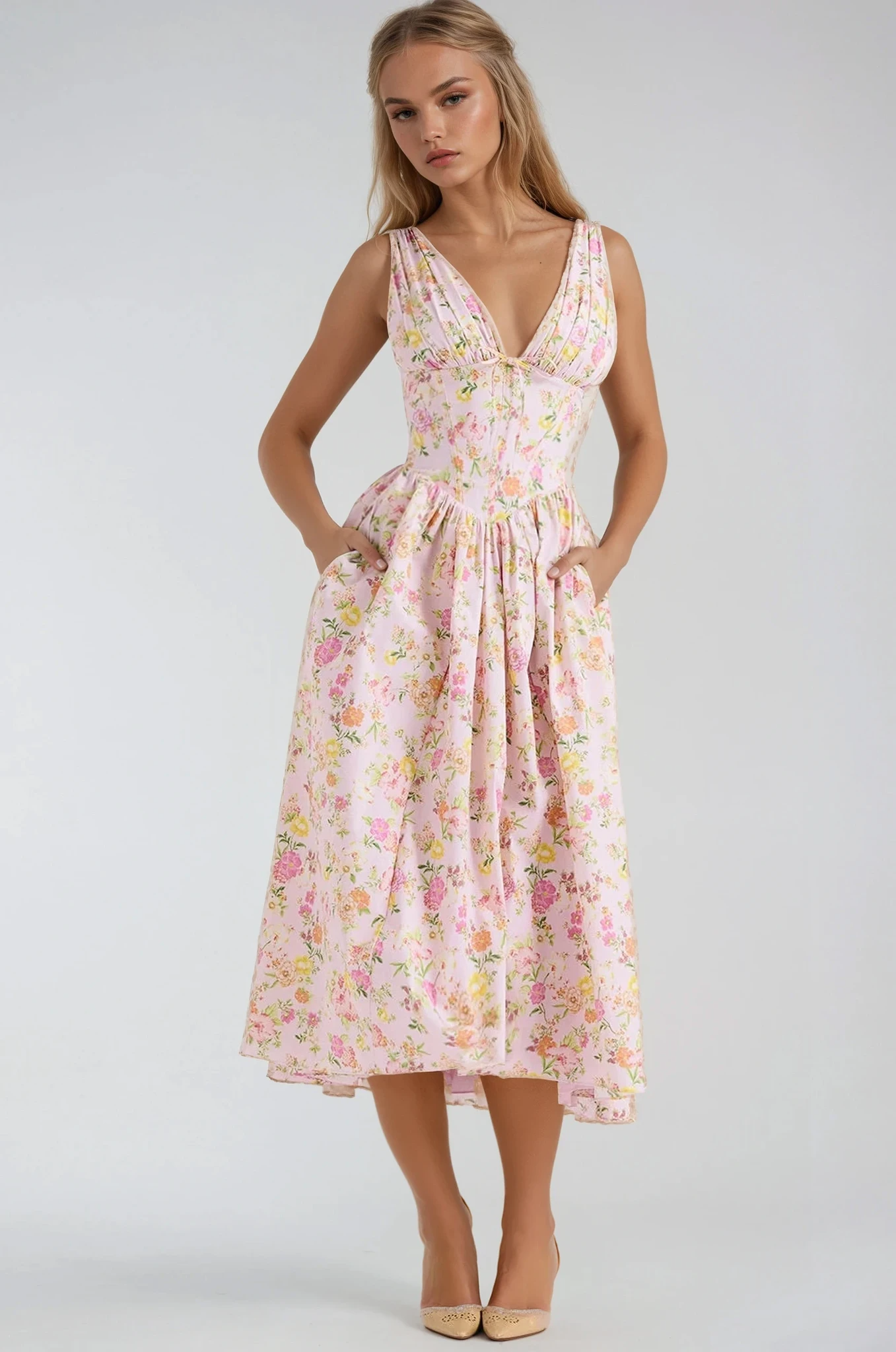 Women's midi dress with short sleeves and round neckline