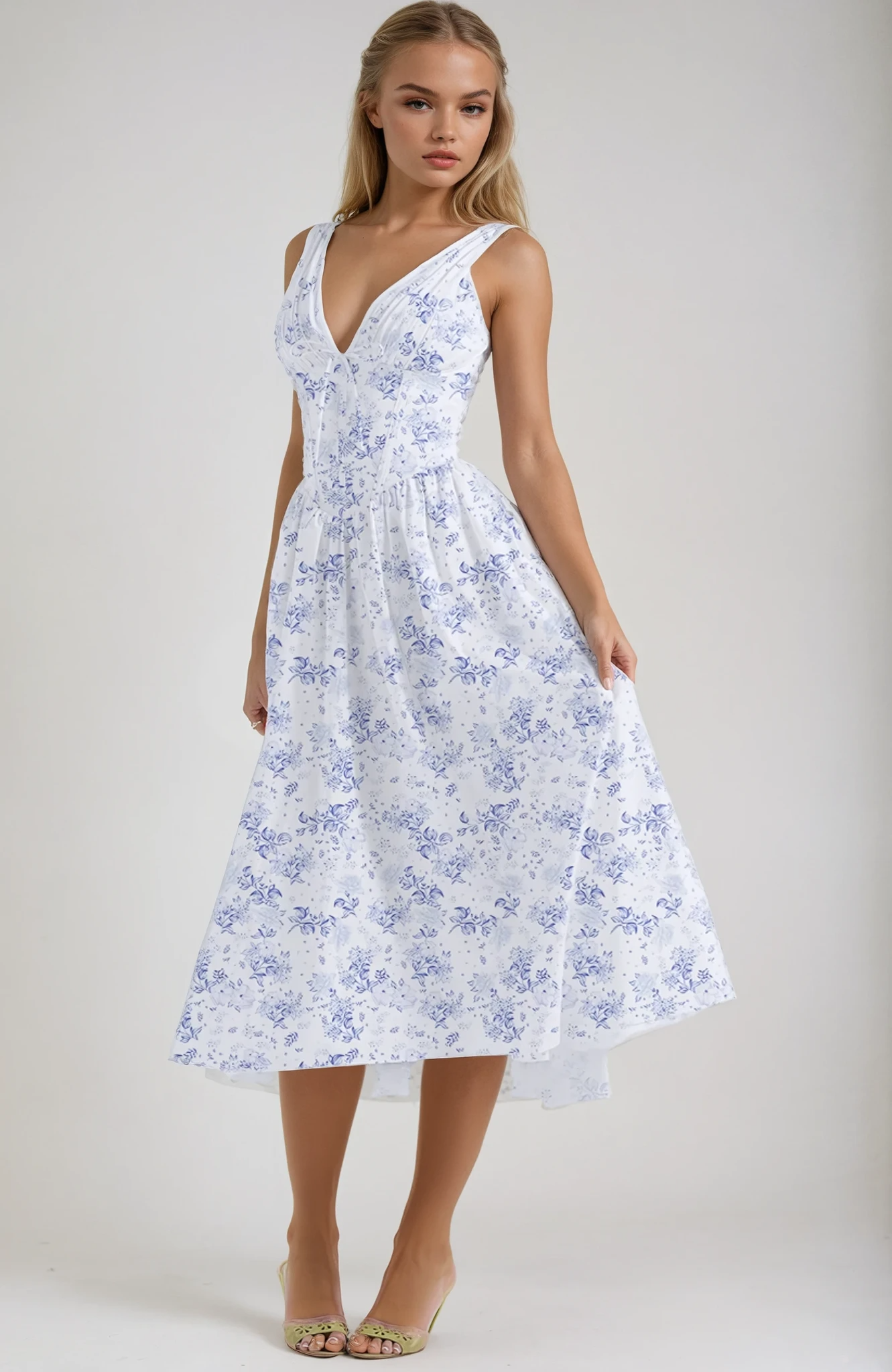 Women's midi dress with short sleeves and round neckline