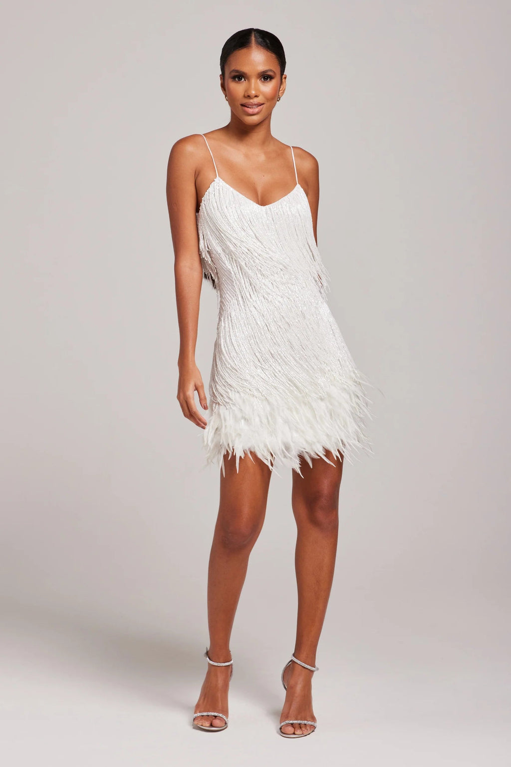 Women's mini dress with feather trim and spaghetti straps