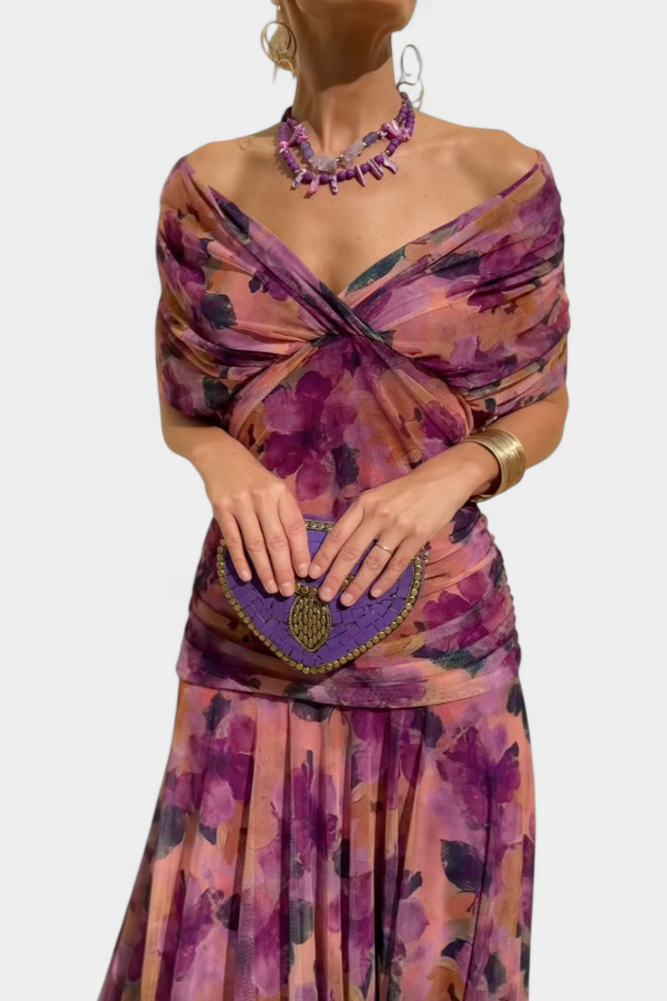 Women's off-shoulder maxi dress with V-neck
