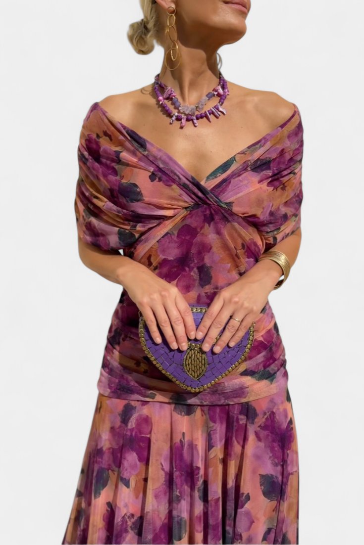 Women's off-shoulder maxi dress with V-neck