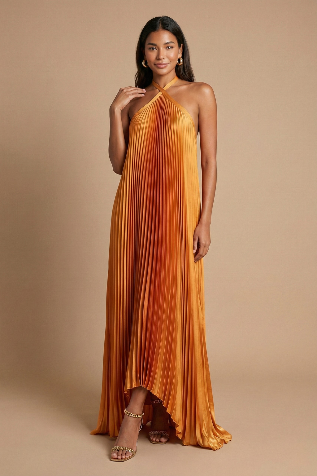 Women's open back halter neck pleated maxi dress with tie closure