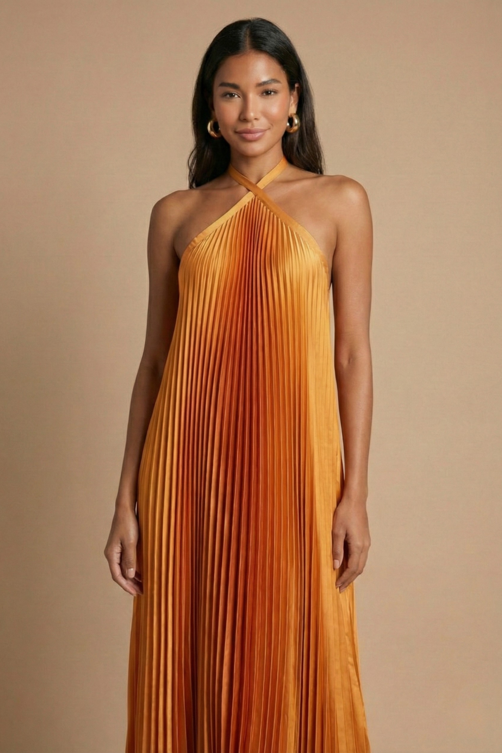 Women's open back halter neck pleated maxi dress with tie closure