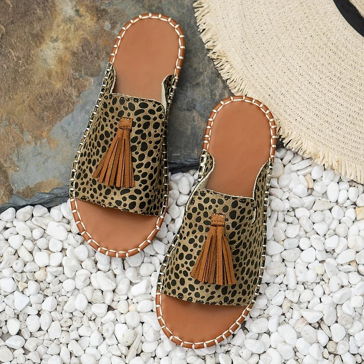 Women's open-toe slide sandals with tassel detail
