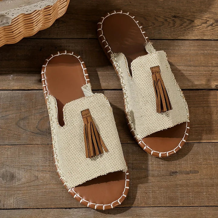Women's open-toe slide sandals with tassel detail