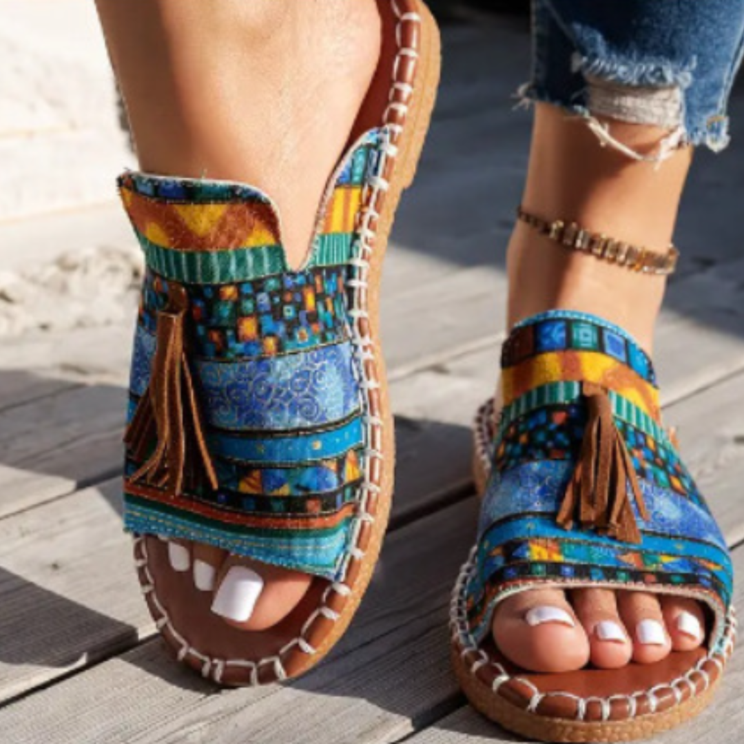 Women's open-toe slide sandals with tassel detail