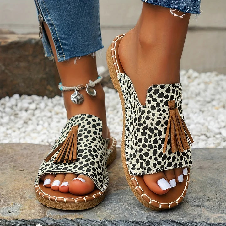 Women's open-toe slide sandals with tassel detail