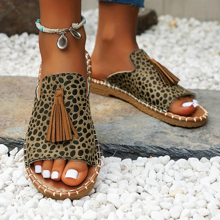 Women's open-toe slide sandals with tassel detail
