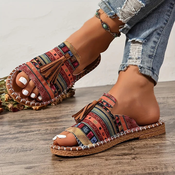 Women's open-toe slide sandals with tassel detail