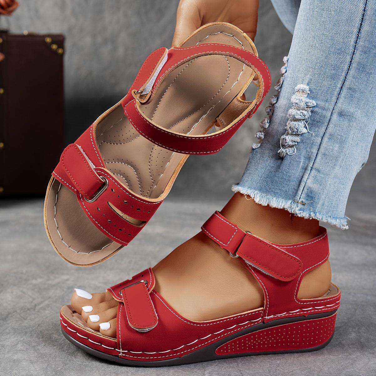 Women's open-toe wedge sandals with ankle strap