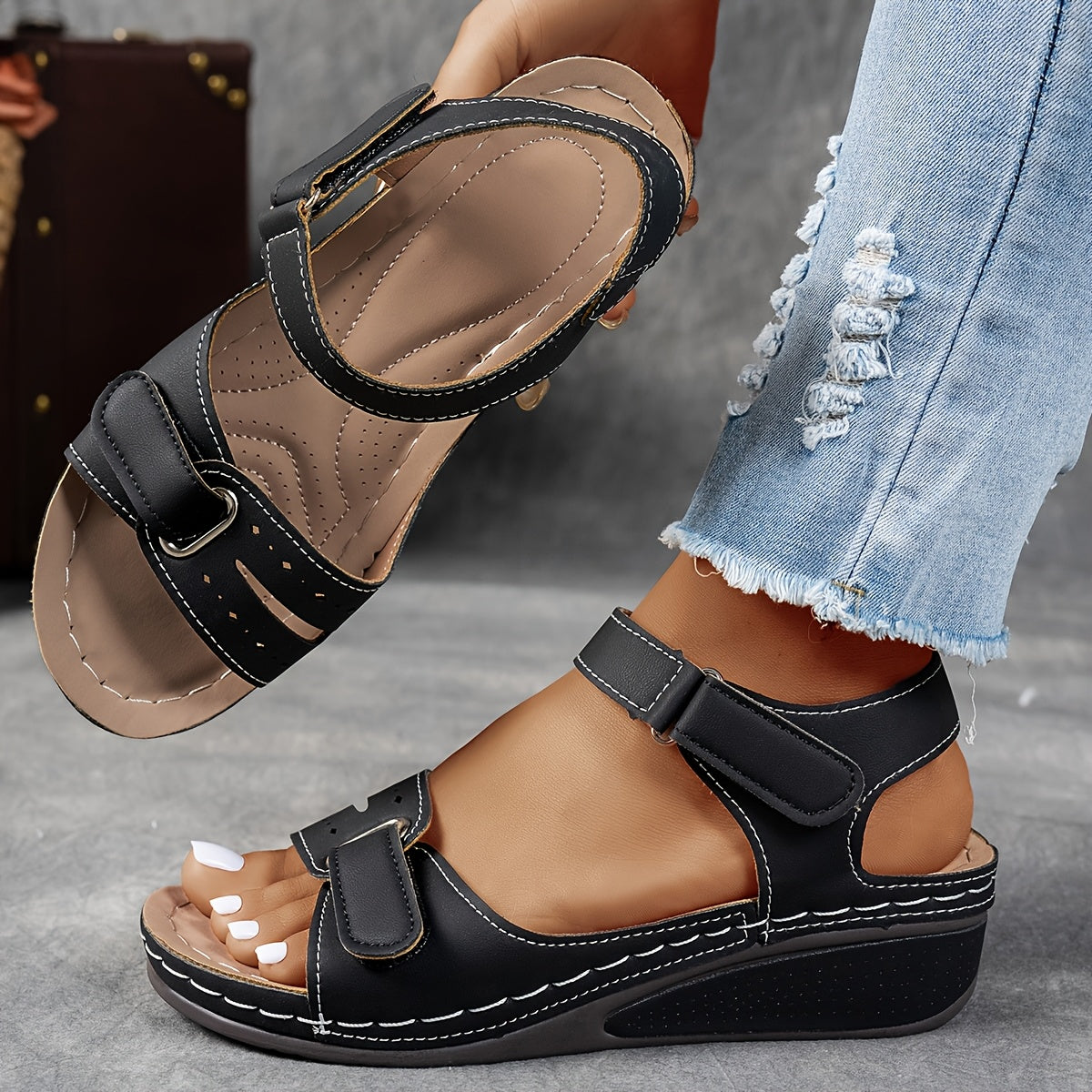 Women's open-toe wedge sandals with ankle strap