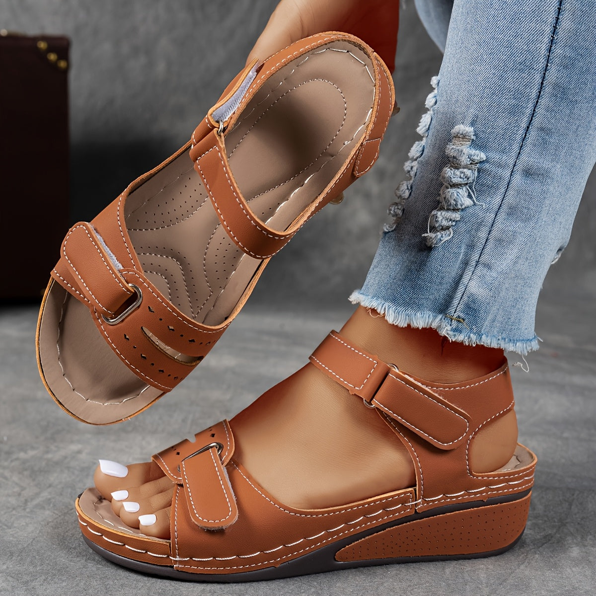 Women's open-toe wedge sandals with ankle strap