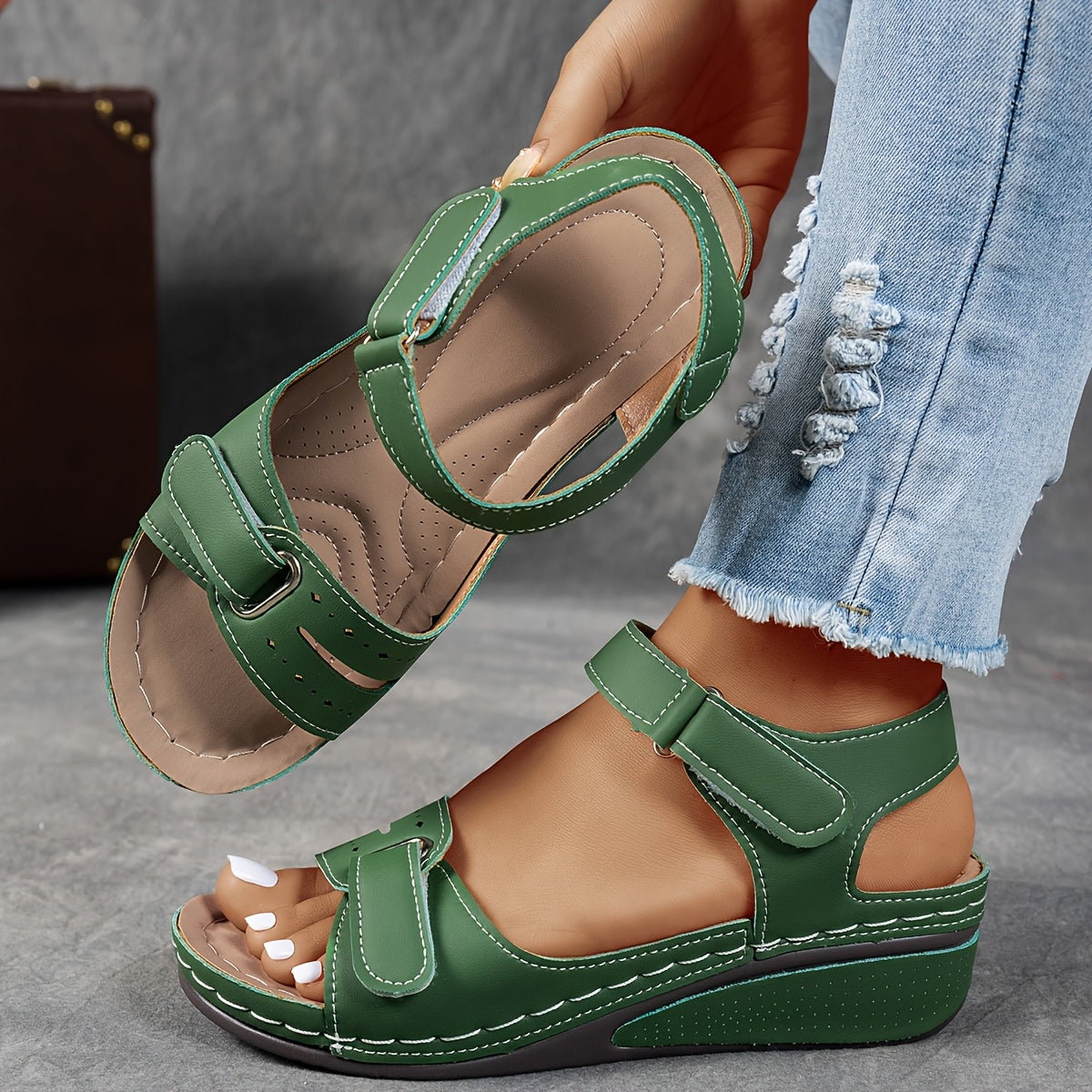 Women's open-toe wedge sandals with ankle strap