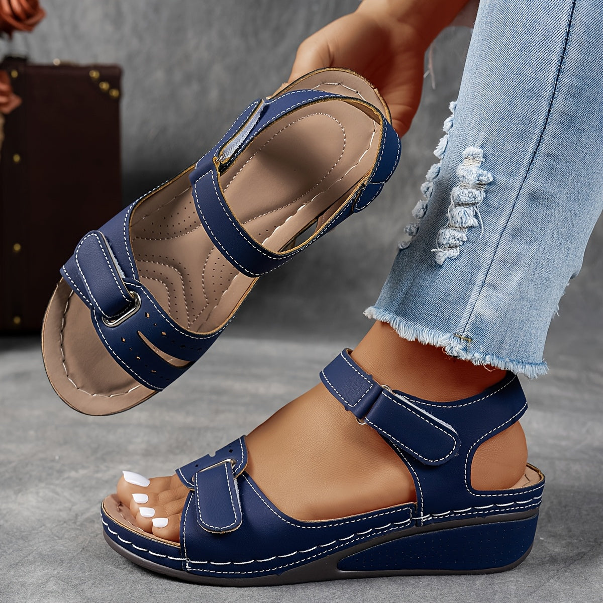 Women's open-toe wedge sandals with ankle strap
