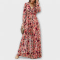 Women's pleated maxi dress with long sleeves and V-neck