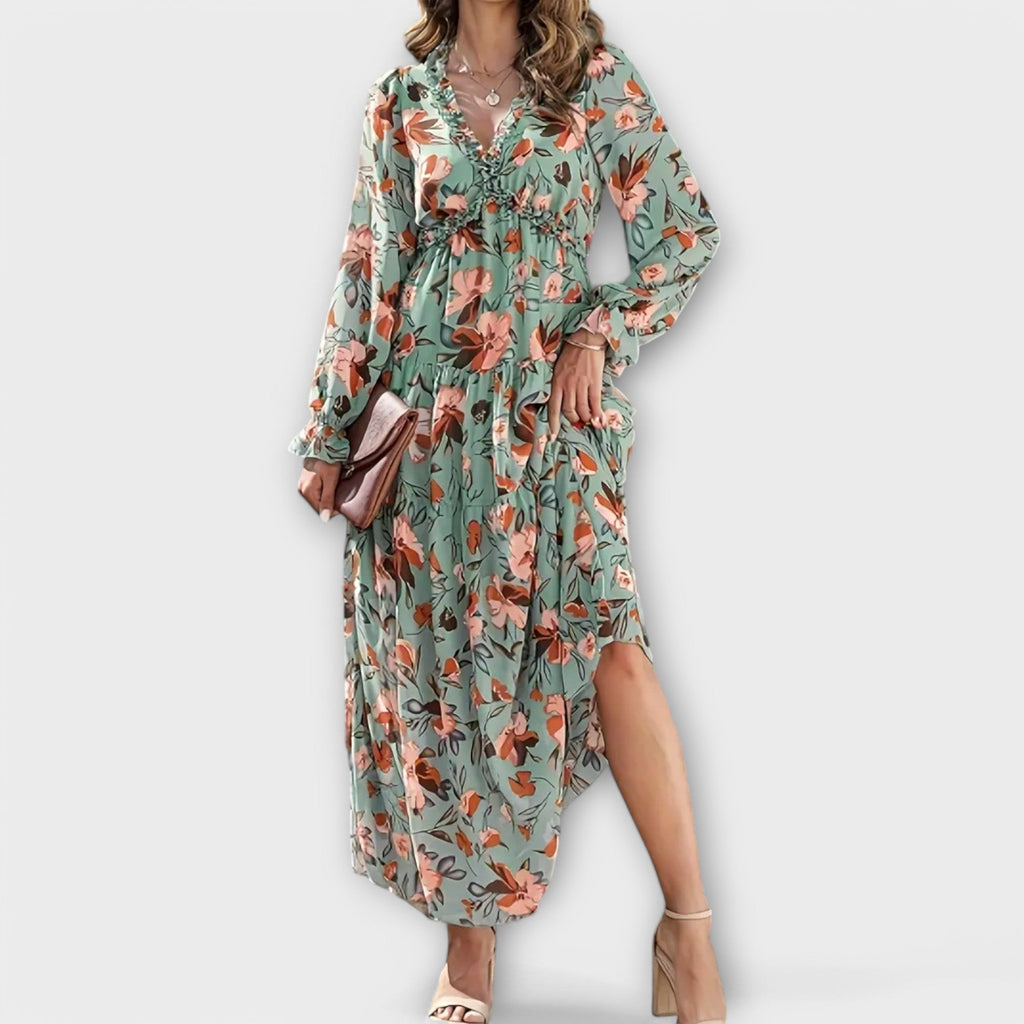 Women's pleated maxi dress with long sleeves and V-neck