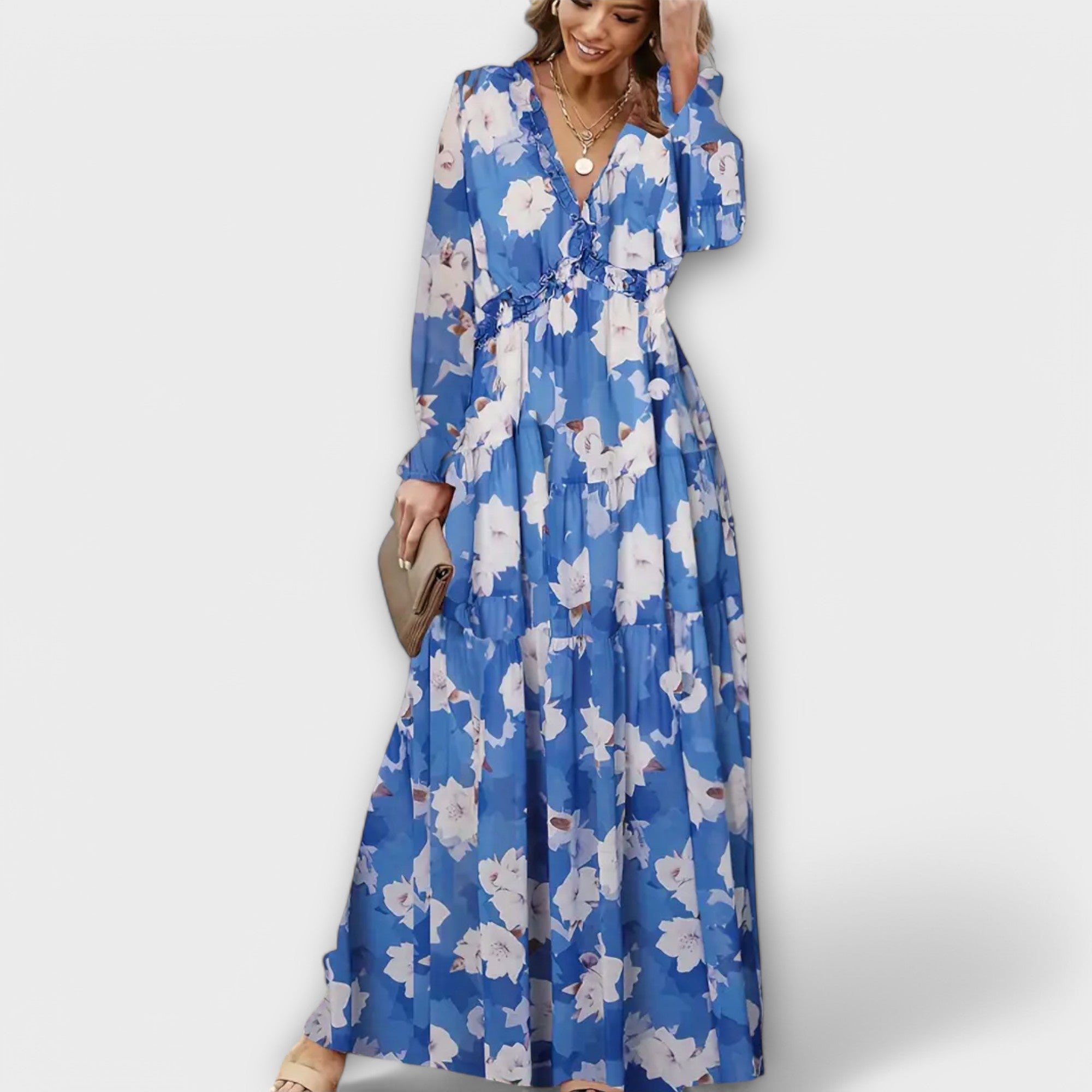 Women's pleated maxi dress with long sleeves and V-neck