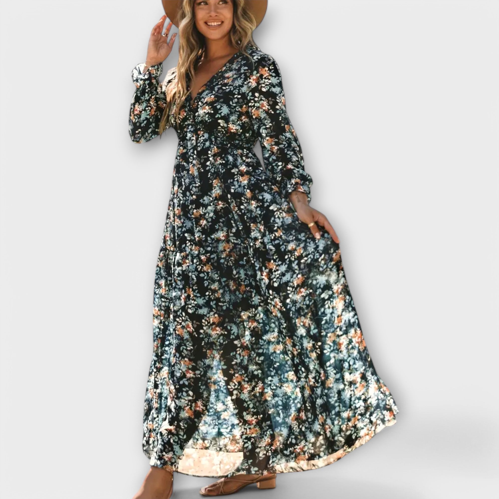 Women's pleated maxi dress with long sleeves and V-neck