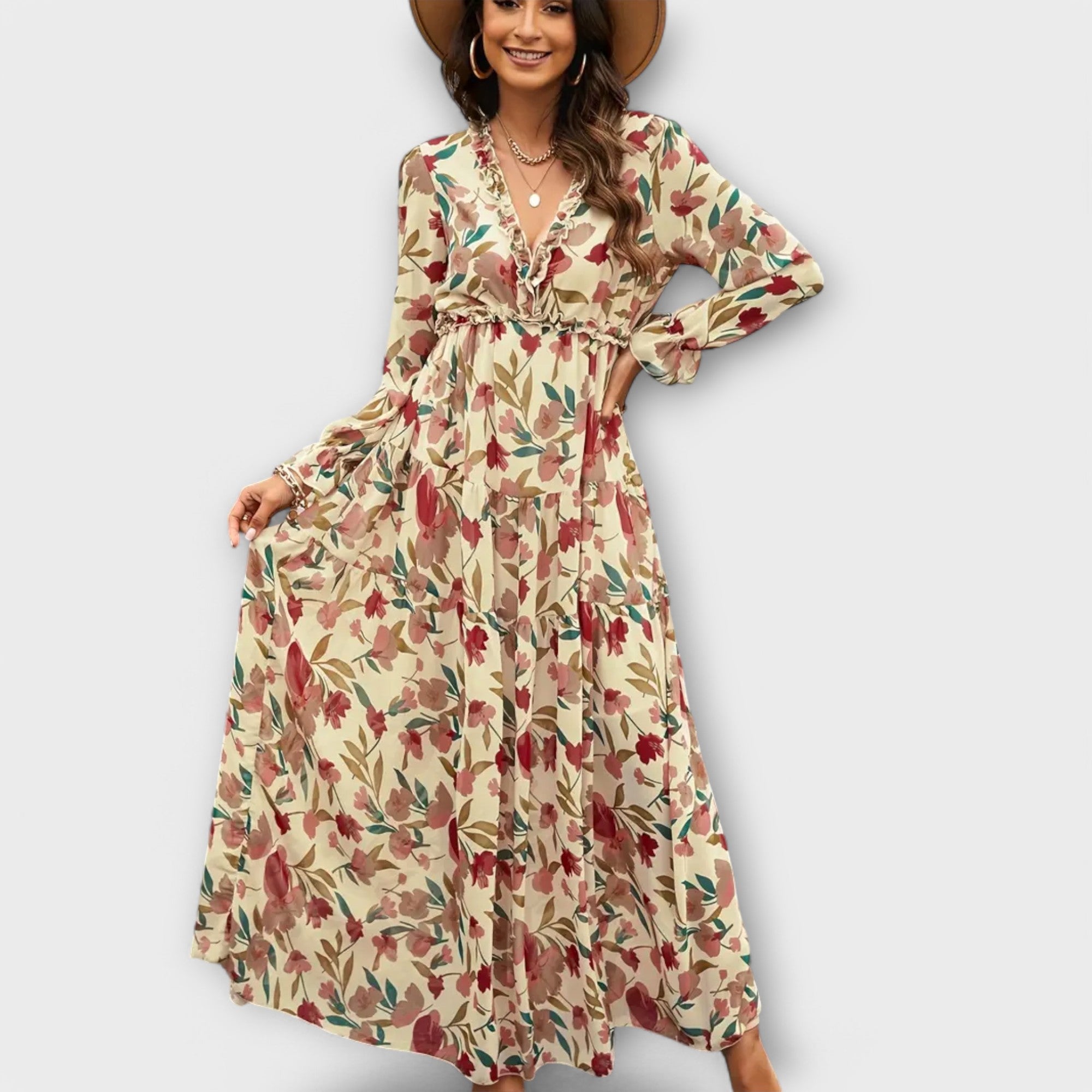 Women's pleated maxi dress with long sleeves and V-neck