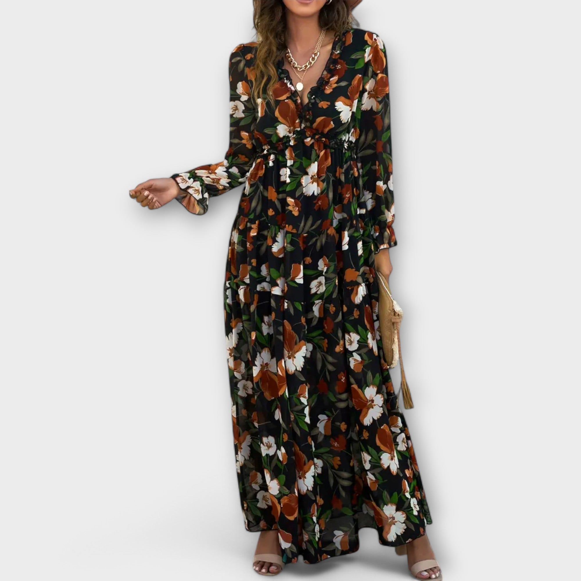 Women's pleated maxi dress with long sleeves and V-neck