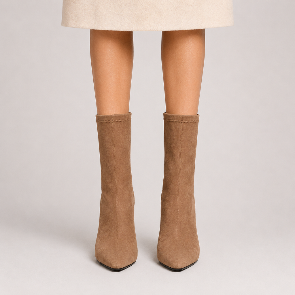Women's pointed-toe sock ankle boots with sculpted heel