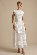 Women's polka dot maxi dress with high neck and cap sleeves