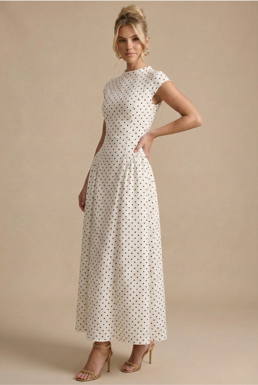 Women's polka dot maxi dress with high neck and cap sleeves
