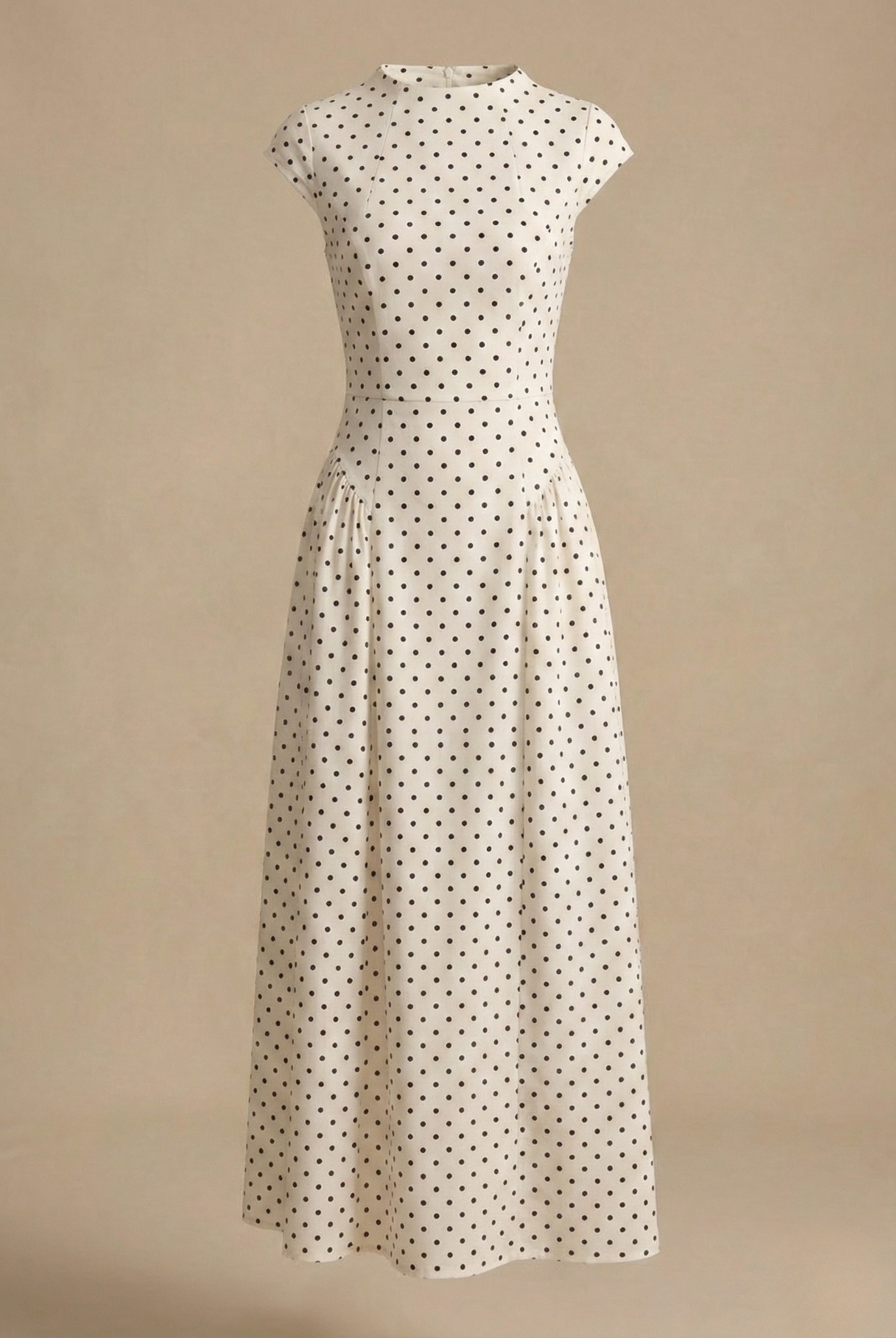 Women's polka dot maxi dress with high neck and cap sleeves