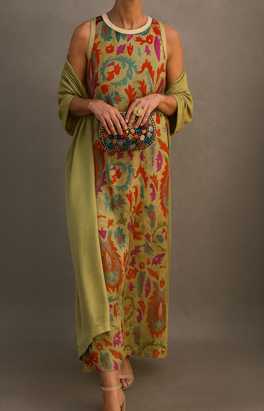 Women's printed maxi dress and matching cardigan set