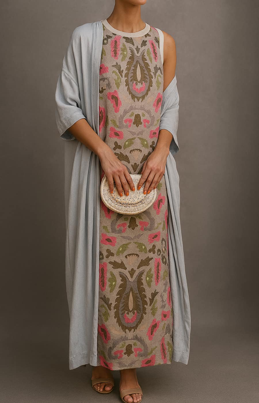 Women's printed maxi dress and matching cardigan set