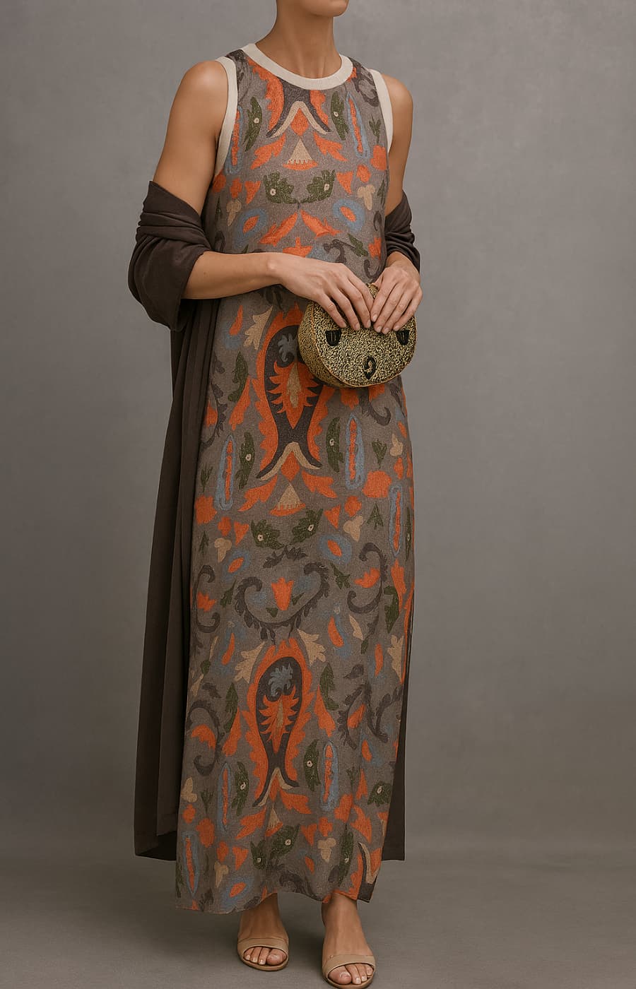 Women's printed maxi dress and matching cardigan set