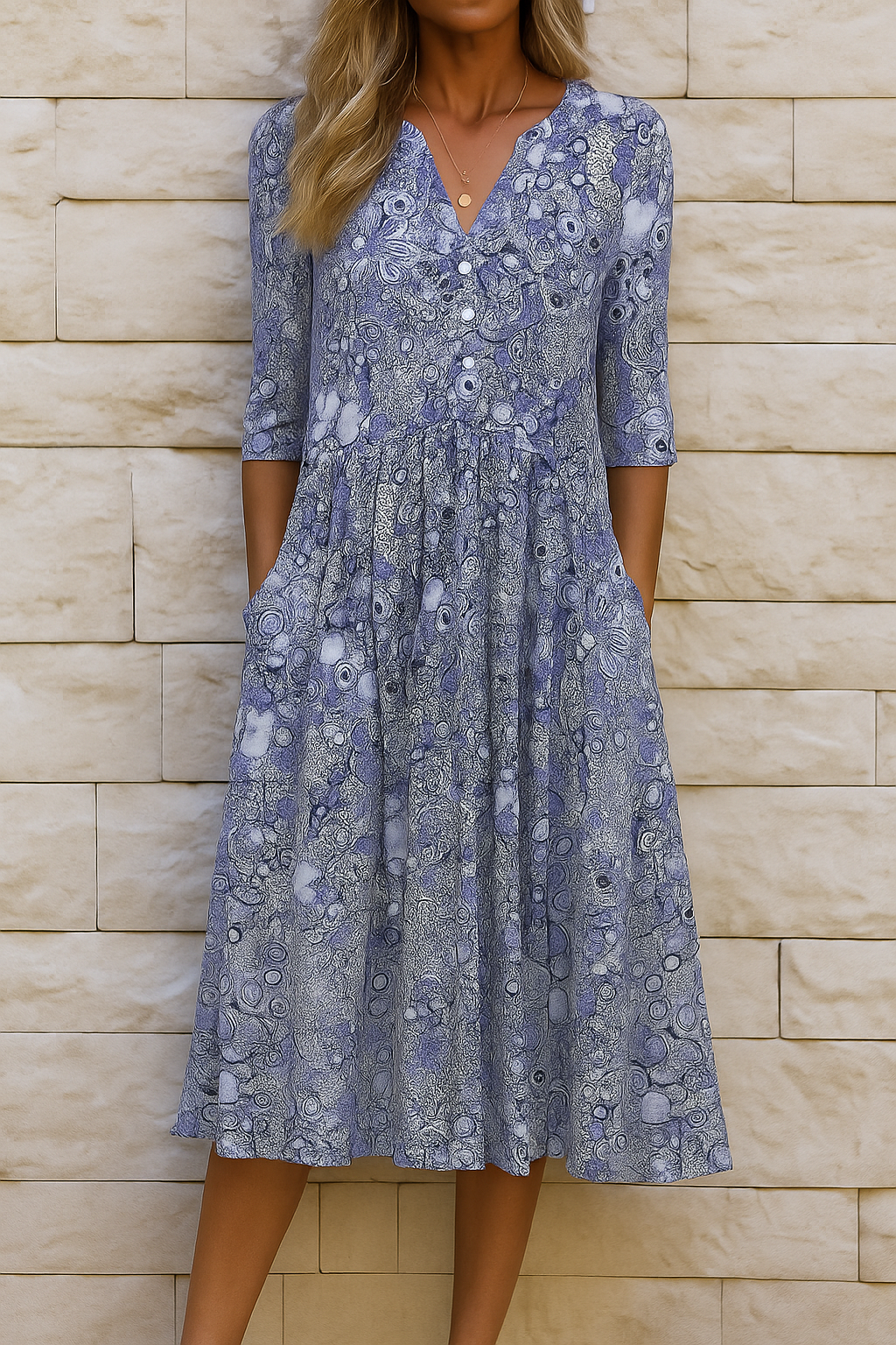 Women's printed midi dress with V-neckline